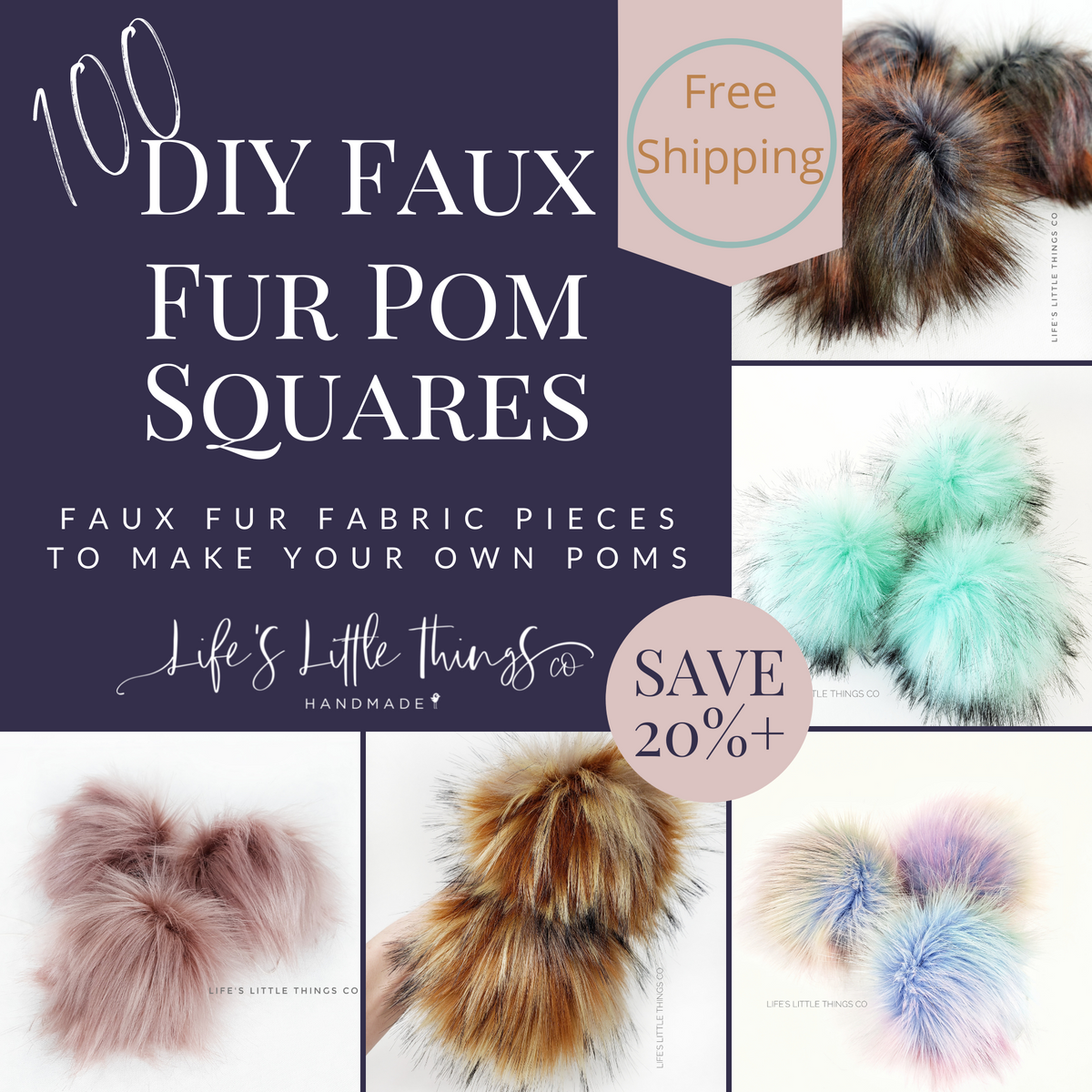 Pre-cut XL 5 Inch Pure White Pom Pom Squares Luxury Faux Fur