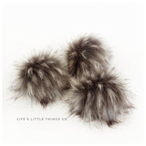 Steel Pom *Dark grey with tufts of light grey and black tips *Medium length fur (approximately 1.5-2") *Full look and soft feel