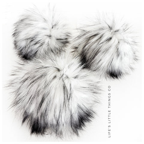White Husky Pom *White with black tufts throughout *Medium length fur (approximately 2.5") *Full and soft feel