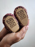 Born In 2024 (tan/burgundy) - 0-3 month Booties