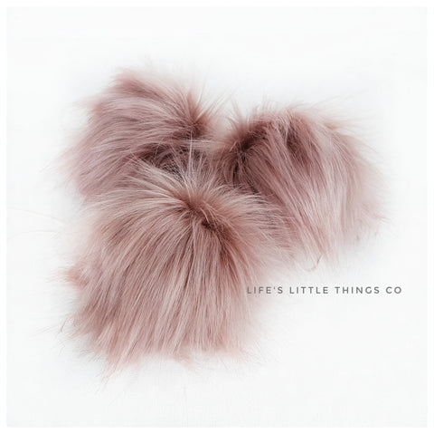 Dusty pink mauve Deep blush in center to medium blush at ends Long length fur (approximately 3") Very full pom Luxurious and amazingly soft feel