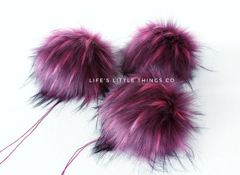 Cosmos Pom *Purple wine color with spots of fuchsia and black tips *Long length fur (approximately 2-3") *Full look and soft feel  