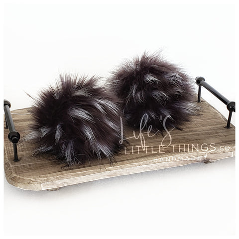 Emu Pom *Black/Dark grey through with tufts of white *Medium length fur (approximately 1.5-2") *Full look, fluffy and soft feel