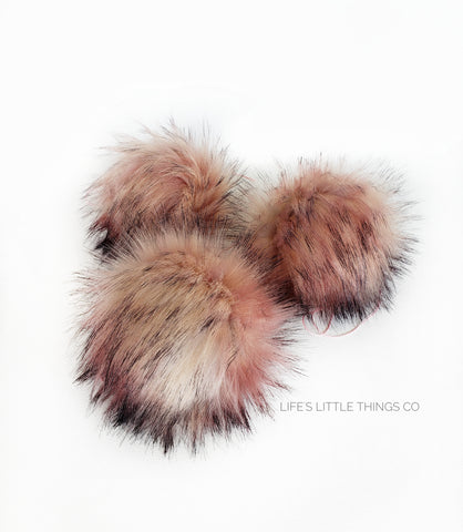 Peony Pom *Pink, light pink, cream throughout with black tips. No two poms are alike! *Medium length fur (approximately 2.5") *Luxurious and amazingly soft feel 