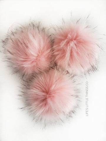 6 Pink fox pom pom for hat with ribbons