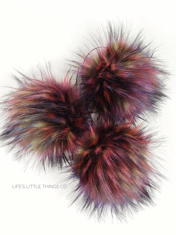 Kaleidoscope Pom Tufts or red, purple, yellow, blue with black tips. NO TWO poms are the same! Long length fur (approximately 1.5" - 2.5") Luxurious and amazingly soft feel