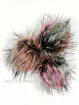 Hibiscus Pom Muted red, orange and green with black center and tufts of cream with black tips Long length fur (approximately 1.5" - 3") Luxurious and amazingly soft feel