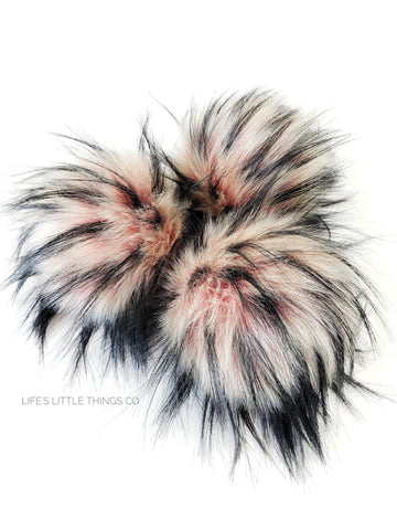 Strawberry Faux Fur Pom Dark peachy pink center to a light peach, with tufts of black Medium to Long length fur (approximately 1.5" - 3") Luxurious and amazingly soft feel