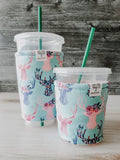 Floral Deer Iced Drink Snug. Tired of sweating iced drink cups?  Or ice just melting too fast in your cold drink?   Insulate your cup with a modern, stylish cup snug.  Keep your coffee cold, hands warm and water rings off the table.  It may also be used on hot cups.