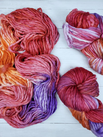 Super-soft, super-warm, super-quick: Logan makes luscious knits in superwash merino.  This is a single ply yarn that is hand-dyed in small batches and is made in Canada.
