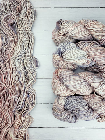 Thick and lofty superwash Merino is soft as ever and alive with vivid, multi-layered hues enough to lighten any room.  The perfect size for quick but not too heavy projects.  This is a single ply yarn.