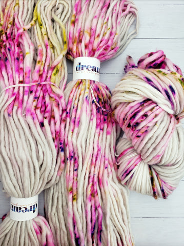 Super-soft, super-warm, super-quick:  Savvy is a super bulky yarn that takes the color so beautifully, creating flashes of color that look like an impressionist painting. Perfect for hats, mittens, sweaters-basically anything you want knit or crocheted up in a jiffy.  This is a single ply yarn that is hand-dyed in small batches.