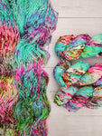 SLUB from Indie Dyer, Threadhead Knits.  Perfect FINGERING weight yarn to add to your super bulky beanie projects to add a pop of texture and color. Hand-dyed in small batches.