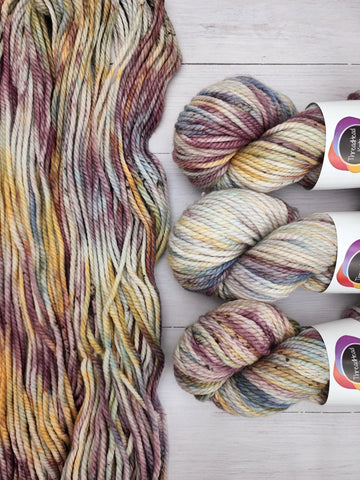 LUXE BULKY from Indie Dyer, Threadhead Knits.  Some of the softest bulky yarn around with this Merino, Cashmere, Nylon blend.  This 3-ply yarn is hand-dyed in small batches.