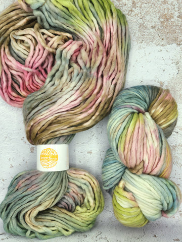 An EXCLUSIVE base for Life's Little Things CO ... SUPER BULKY NSW from Indie Dyer, Knerd String.  This single ply yarn is hand-dyed in small batches.